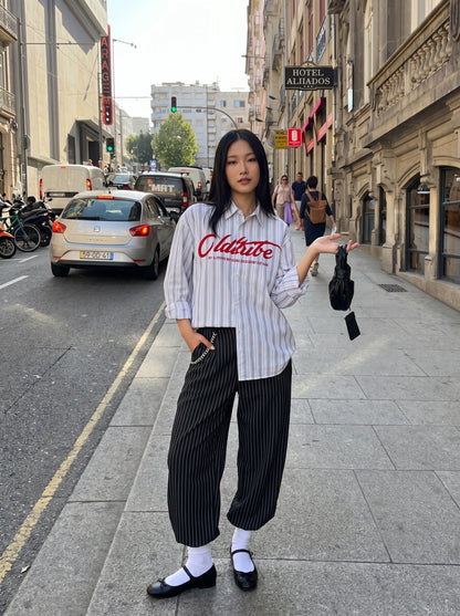 DAXUEN light grey and blue vertical striped button-up shirt — model photo