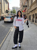 DAXUEN light grey and blue vertical striped button-up shirt — model photo