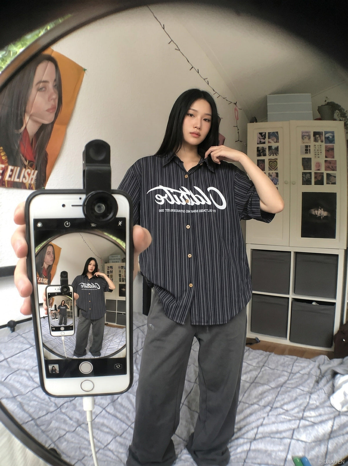 DAXUEN light grey and blue vertical striped button-up shirt — model photo