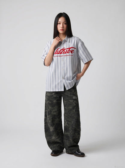 DAXUEN light grey and blue vertical striped button-up shirt — model photo