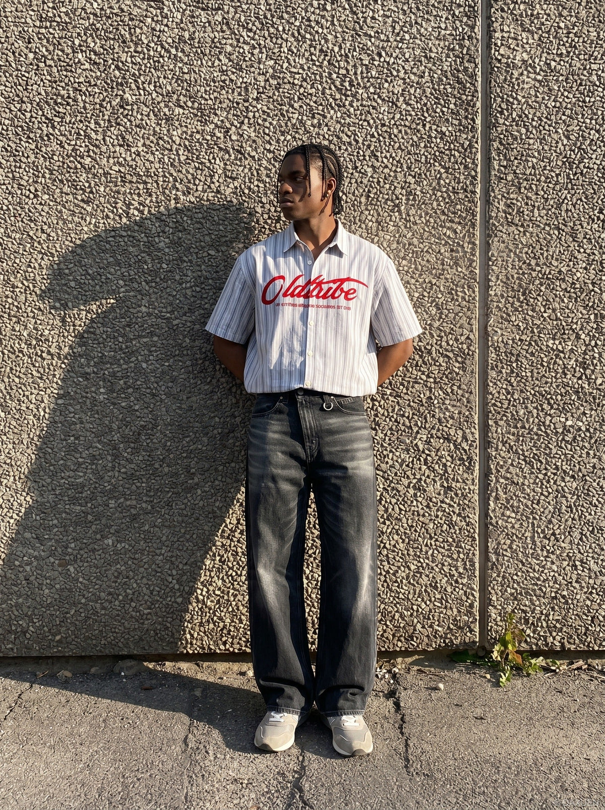 DAXUEN light grey and blue vertical striped button-up shirt — model photo