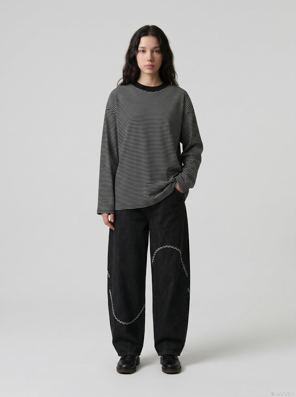 DAXUEN Bold stripe long sleeve t-shirt — model photo