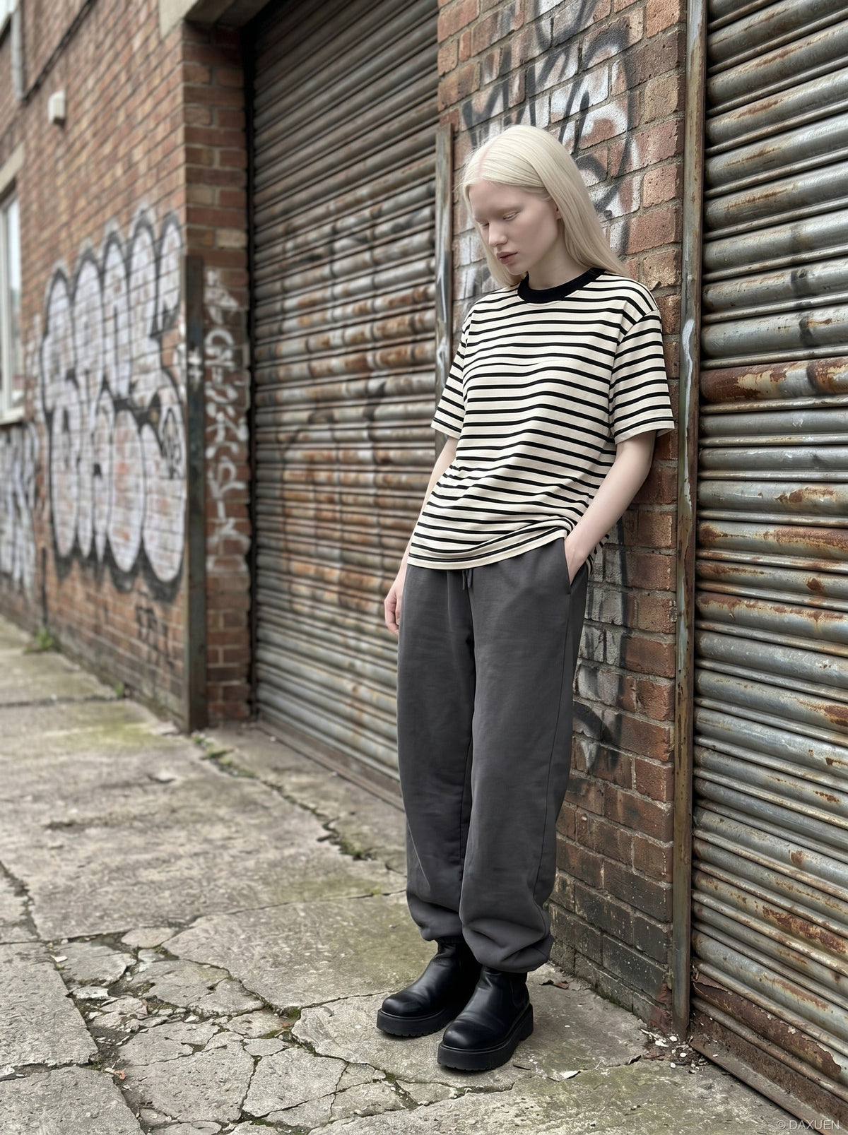 DAXUEN Bold stripe relaxed-fit T-shirt — model photo