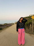DAXUEN pink and grey striped wide-leg sweatpants — model photo