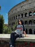 DAXUEN Bold striped graphic short-sleeve T-shirt — model photo