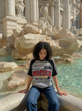 DAXUEN Bold striped graphic short-sleeve T-shirt — model photo