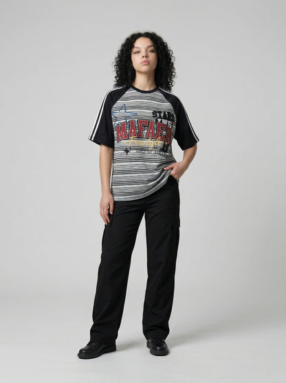 DAXUEN Bold striped graphic short-sleeve T-shirt — model photo