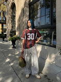DAXUEN Oversized short-sleeved t-shirt with stripes and embroidery — model photo