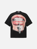 DAXUEN Oversized black short-sleeved t-shirt with lips graphic and studs
