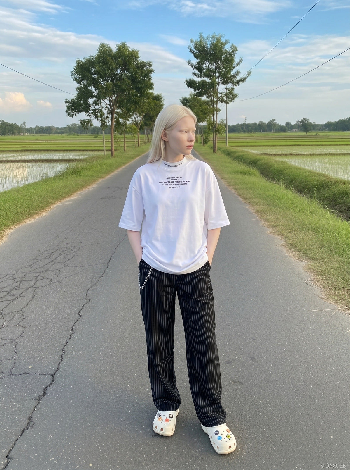 DAXUEN white oversized text graphic mock neck t-shirt — model photo