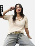 DAXUEN black vertical ribbed Henley knit top