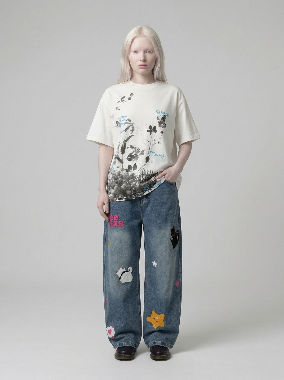 DAXUEN Botanical print loose-fit T-shirt — model photo