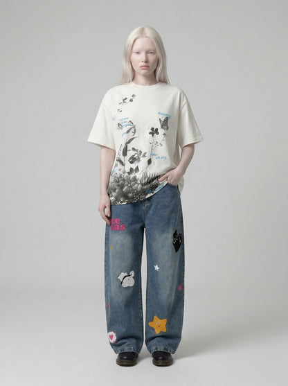 DAXUEN Botanical print loose-fit T-shirt — model photo