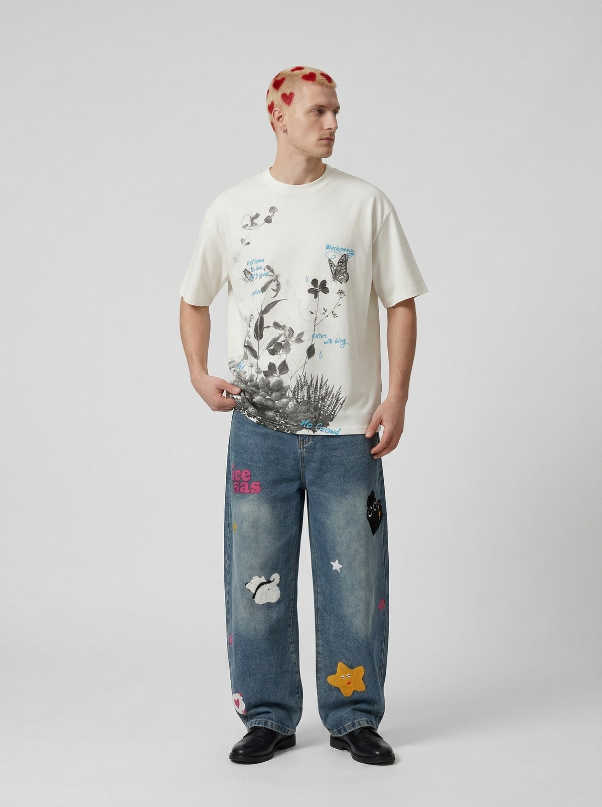 DAXUEN Botanical print loose-fit T-shirt — model photo
