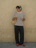 DAXUEN white and brown striped relaxed-fit t-shirt — model photo