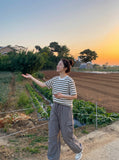 DAXUEN white and brown striped relaxed-fit t-shirt — model photo
