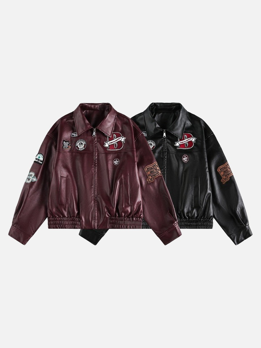 DAXUEN burgundy bomber jacket with beetle club patches
