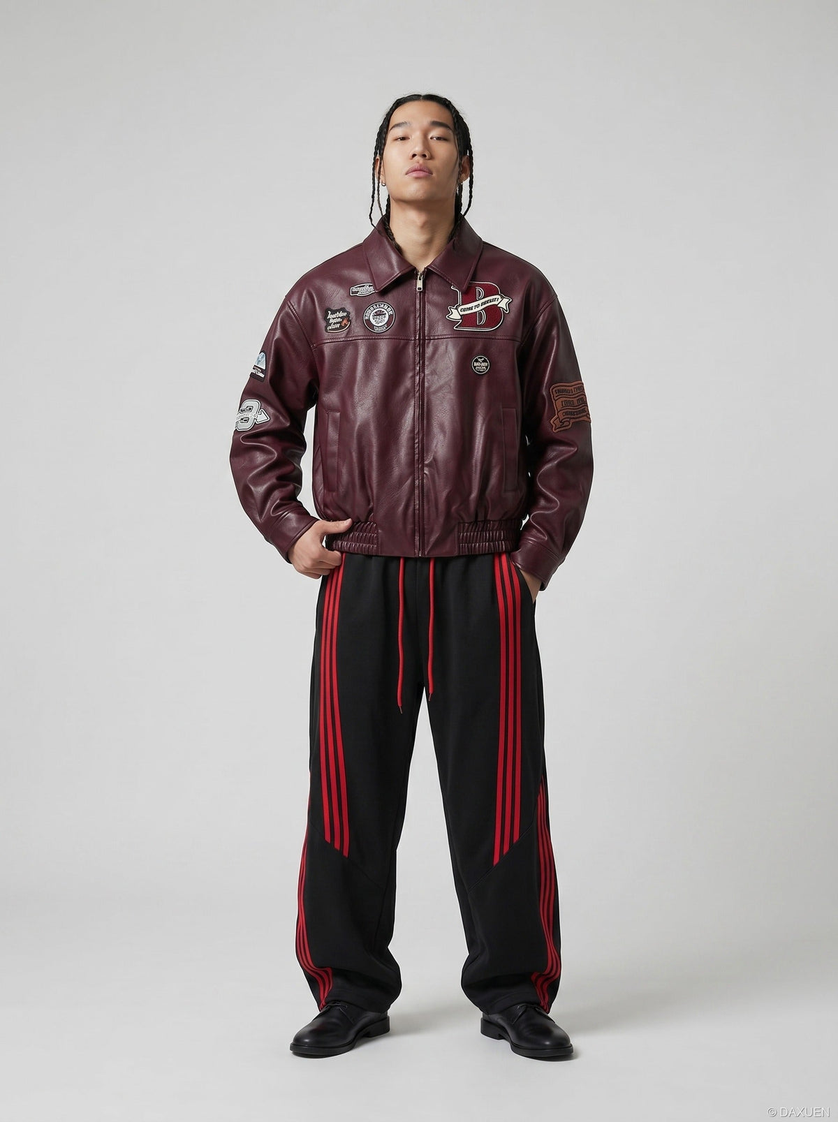 DAXUEN burgundy bomber jacket with beetle club patches — model photo