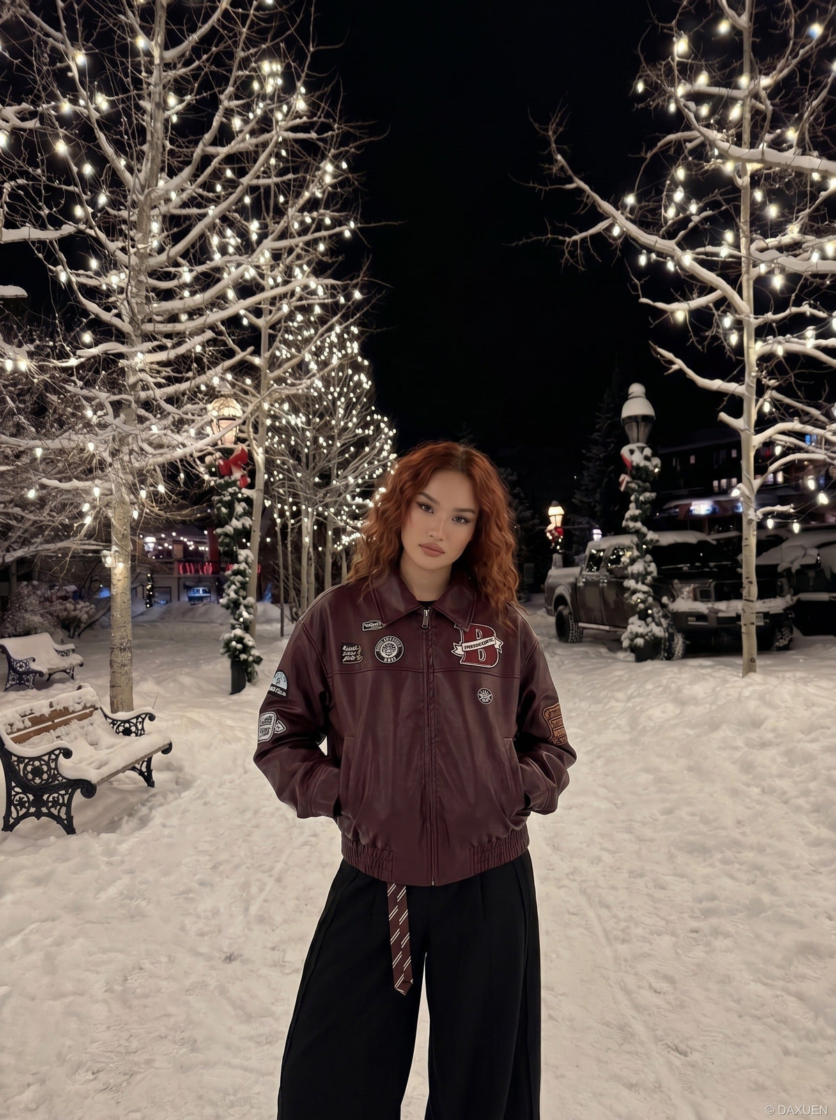DAXUEN burgundy bomber jacket with beetle club patches — model photo