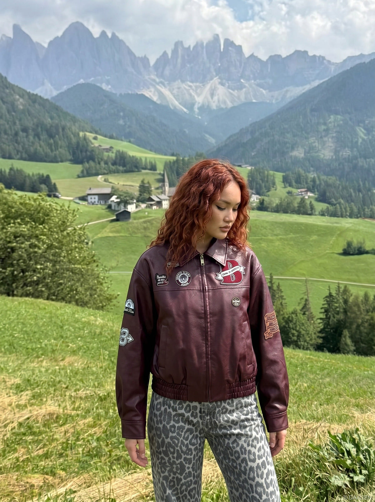 DAXUEN burgundy bomber jacket with beetle club patches — model photo
