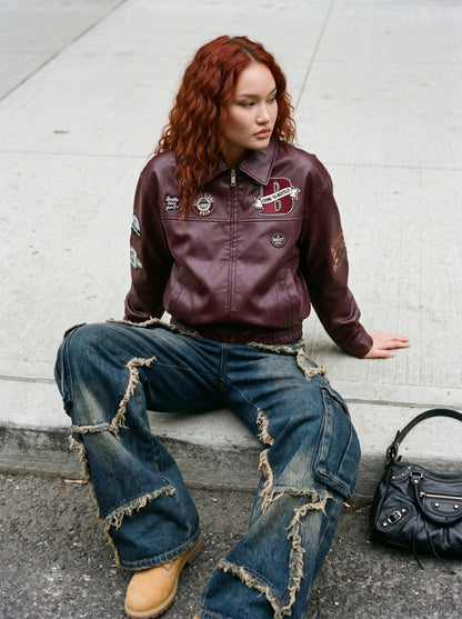 DAXUEN burgundy bomber jacket with beetle club patches — model photo