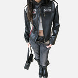 DAXUEN black cropped burgundy-blocked racer faux leather jacket