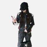 DAXUEN black cropped burgundy-blocked racer faux leather jacket