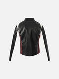 DAXUEN black cropped burgundy-blocked racer faux leather jacket