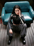 DAXUEN black cropped burgundy-blocked racer faux leather jacket — model photo