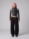 DAXUEN black cropped burgundy-blocked racer faux leather jacket — model photo