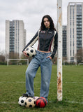 DAXUEN black cropped burgundy-blocked racer faux leather jacket — model photo