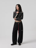 DAXUEN black cropped burgundy-blocked racer faux leather jacket — model photo
