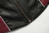 DAXUEN black cropped burgundy-blocked racer faux leather jacket
