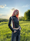 DAXUEN black cropped burgundy-blocked racer faux leather jacket — model photo