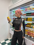 DAXUEN black cropped burgundy-blocked racer faux leather jacket — model photo
