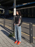 DAXUEN black cropped burgundy-blocked racer faux leather jacket — model photo