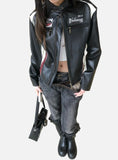 DAXUEN black cropped burgundy-blocked racer faux leather jacket