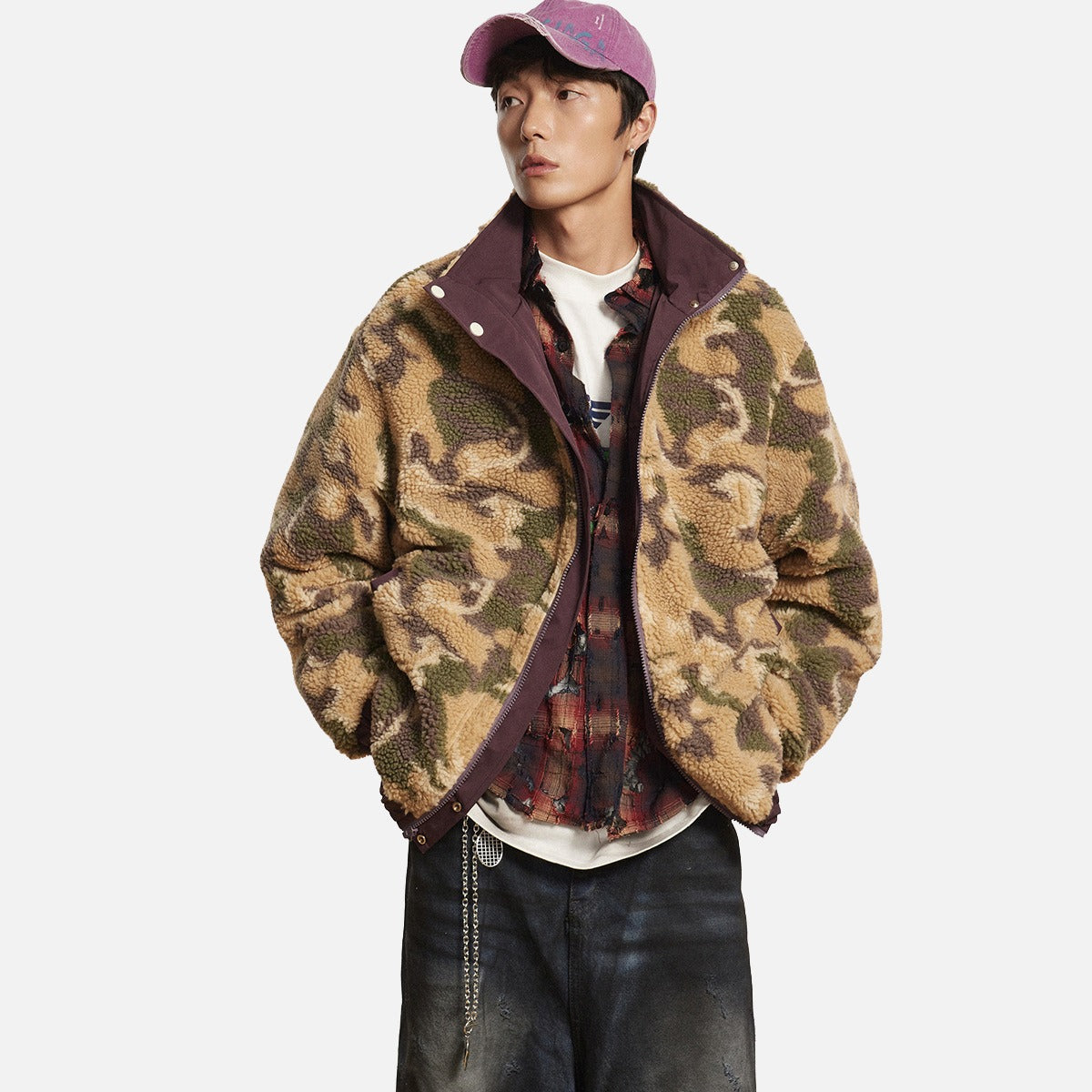 DAXUEN burgundy reversible camouflage fleece jacket