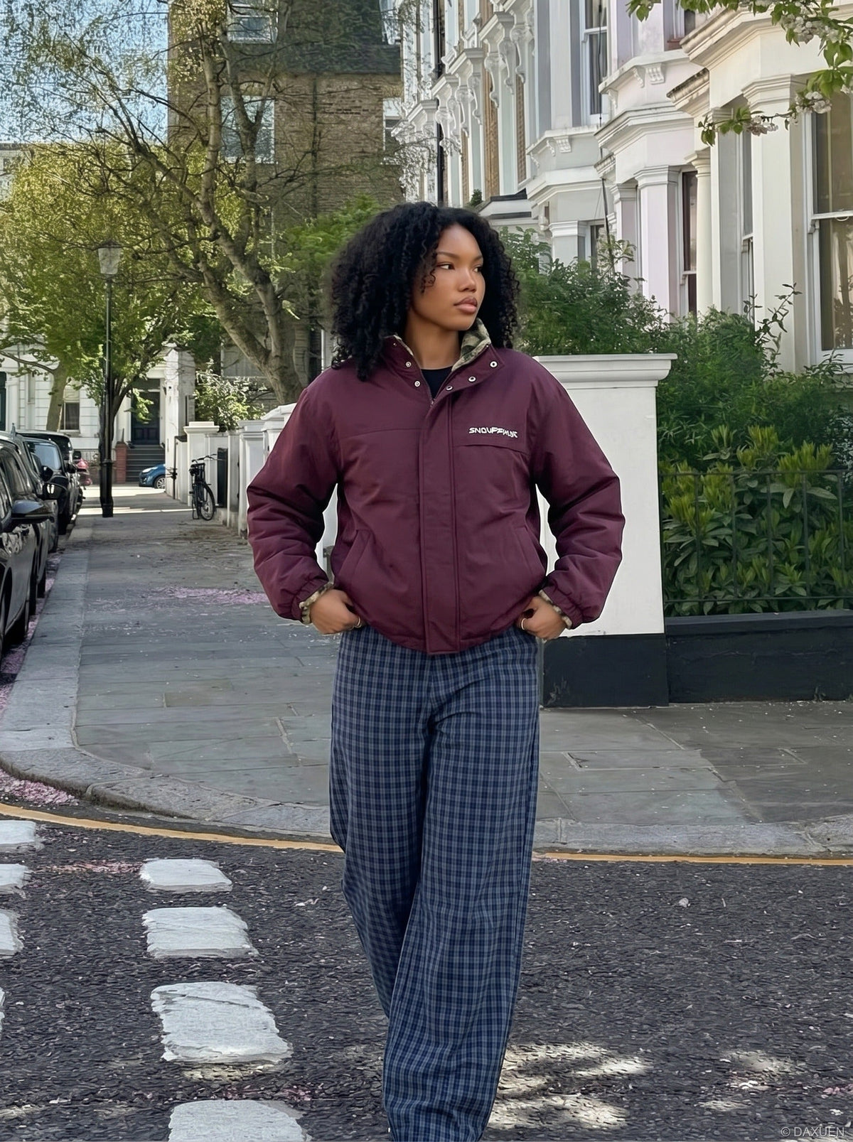 DAXUEN burgundy reversible camouflage fleece jacket — model photo