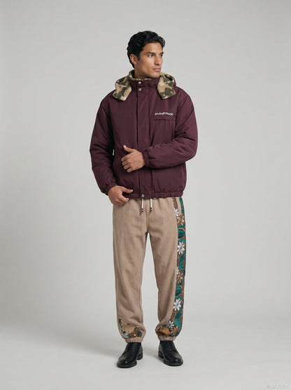 DAXUEN burgundy reversible camouflage fleece jacket — model photo