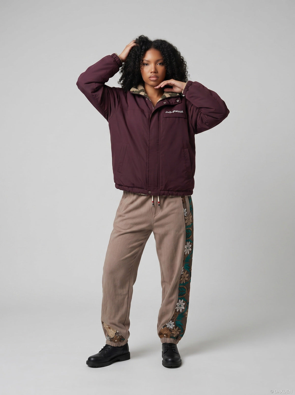 DAXUEN burgundy reversible camouflage fleece jacket — model photo