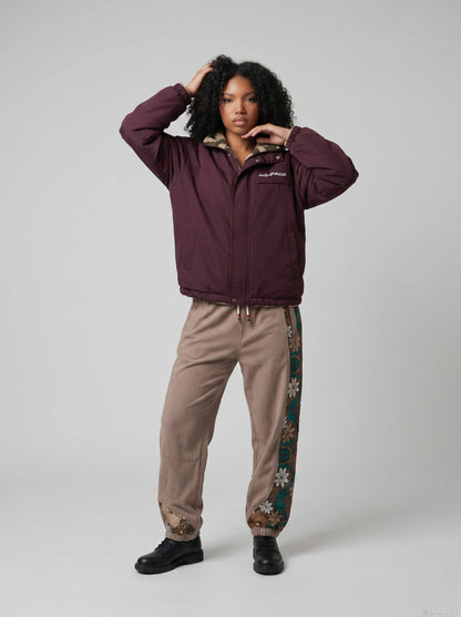 DAXUEN burgundy reversible camouflage fleece jacket — model photo