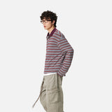 DAXUEN burgundy striped knit long-sleeve polo shirt