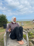 DAXUEN burgundy striped knit long-sleeve polo shirt — model photo
