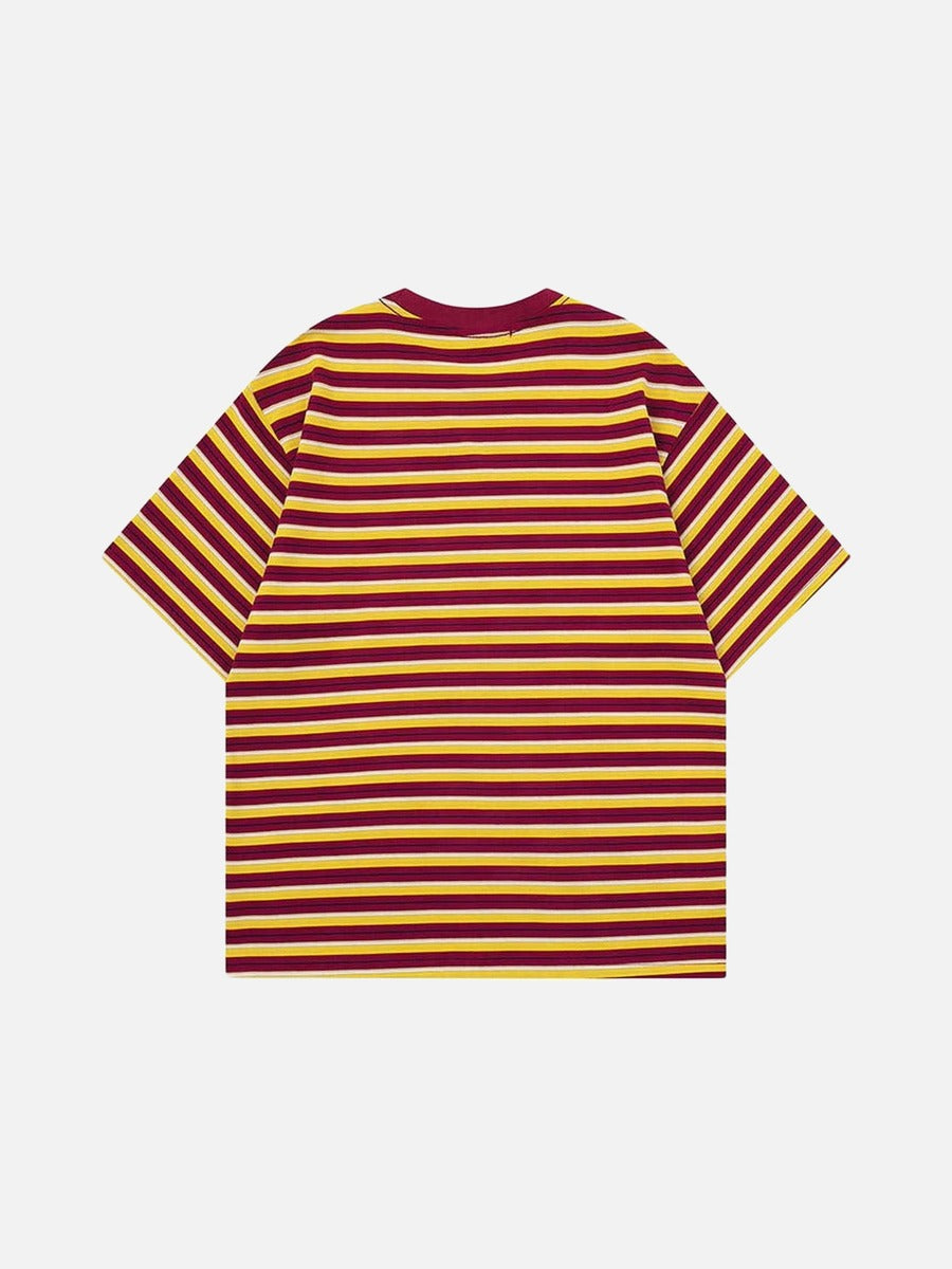 DAXUEN Burgundy and yellow striped crew neck t-shirt with cat graphic
