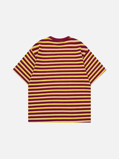 DAXUEN Burgundy and yellow striped crew neck t-shirt with cat graphic