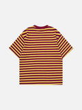 DAXUEN Burgundy and yellow striped crew neck t-shirt with cat graphic