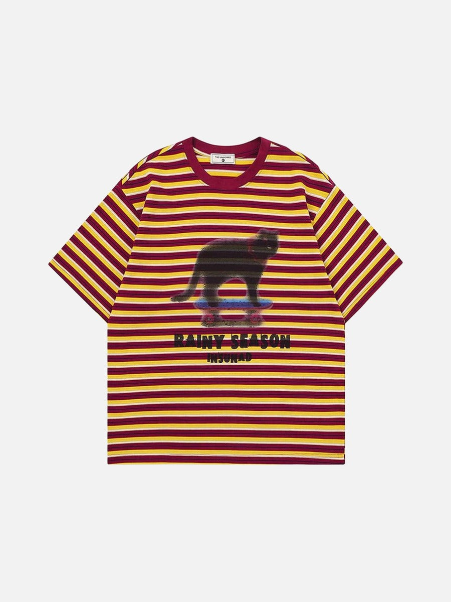 DAXUEN Burgundy and yellow striped crew neck t-shirt with cat graphic