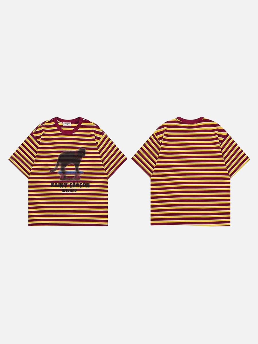 DAXUEN Burgundy and yellow striped crew neck t-shirt with cat graphic