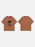 DAXUEN Burgundy and yellow striped crew neck t-shirt with cat graphic